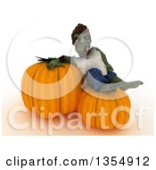 Poster, Art Print Of 3d Zombie Character Resting On Giant Halloween Pumpkins On A Shaded White Background