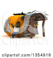 Poster, Art Print Of 3d Zombie Character Waving Outside A Pumpkin House On A Shaded White Background