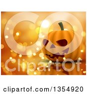 Poster, Art Print Of 3d Halloween Jackolantern Pumpkin On A Reflective Surface And A Background Of Sparkly Lights