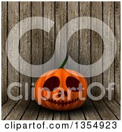 Poster, Art Print Of 3d Halloween Jackolantern Pumpkin Over Wood