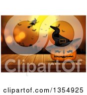 Poster, Art Print Of 3d Halloween Jackolantern Pumpkin Wearing A Hat Against A Blurred Background Of A Silhouetted Witch Flying Over A Graveyard With Bats And A Full Moon