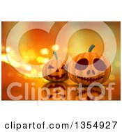 Poster, Art Print Of 3d Halloween Jackolantern Pumpkins On A Reflective Surface And A Background Of Sparkly Lights