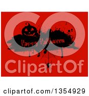 Clipart Of A Silhouetted Jackolantern Pumpkin On A Happy Halloween Grunge Bar With A Spider And Web Over Red Royalty Free Vector Illustration