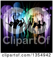 Poster, Art Print Of Silhouetted Crowd Of Young People Dancing Over Colorful Vertical Lights And Flares On Black