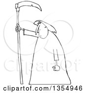 Outline Clipart Of A Cartoon Black And White Hooded Grim Reaper Man With A Scythe Royalty Free Lineart Vector Illustration by djart