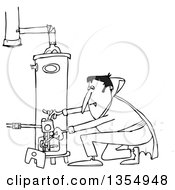 Outline Clipart Of A Cartoon Black And White Vampire Lighting A Water Heater Pilot Royalty Free Lineart Vector Illustration by djart
