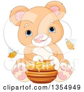 Poster, Art Print Of Cute Baby Or Teddy Bear Cub Eating Honey With Bees
