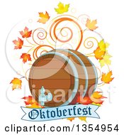 Poster, Art Print Of Beer Keg With Autumn Leaves And Swirls Over An Oktoberfest Banner