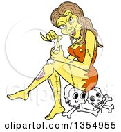Cartoon Female Zombie Sitting On Skulls And Eating A Bone