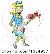 Clipart Of A Cartoon Female Zombie Waitress Holding An Axe And Serving Brains And Blood Royalty Free Vector Illustration