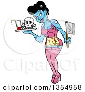 Cartoon Female Zombie Waitress Holding An Axe And Serving Blood And Bones