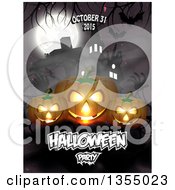 Clipart of a Halloween Party Date Design with Jackolantern Pumpkins, Zombie Hands, Bats, a Haunted House and Full Moon - Royalty Free Vector Illustration by vectorace #COLLC1355023-0166