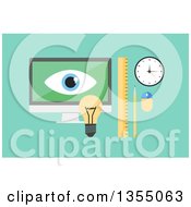 Poster, Art Print Of Flat Design Desktop Computer With A Light Bulb Ruler Pencil Clock And Mouse Over Green