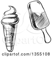 Clipart Of A Black And White Sketched Waffle Ice Cream Cone And Popsicle Royalty Free Vector Illustration