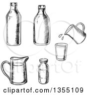 Clipart Of Black And White Sketched Milk Jars Royalty Free Vector Illustration