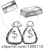 Poster, Art Print Of Black And White Sketched Credit Card Cash Money And Bags