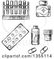 Poster, Art Print Of Black And White Sketched Blood Test Tubes Bottles And Pills