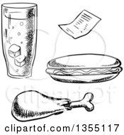 Clipart Of A Black And White Sketched Glass Of Soda Chicken Drumstick Hot Dog And Receipt Royalty Free Vector Illustration by Vector Tradition SM