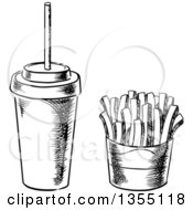 Clipart Of A Black And White Sketched Soda And French Fries Royalty Free Vector Illustration