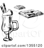 Black And White Sketched Irish Coffee With Waffle Sticks And A Chocolate Bar