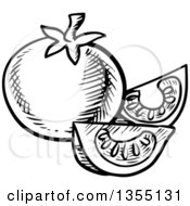 Clipart Of A Black And White Sketched Tomato And Wedges Royalty Free Vector Illustration