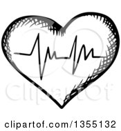Poster, Art Print Of Black And White Sketched Ecg Graph Heart