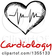 Poster, Art Print Of Black And White Sketched Ecg Graph Heart Over Red Cardiology Text