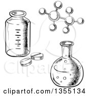 Clipart Of A Black And White Sketched Flask Bottle Pills And Molecular Model Royalty Free Vector Illustration