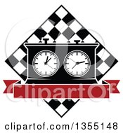 Poster, Art Print Of Black And White Chess Board And Game Clock With Blank Red Banner