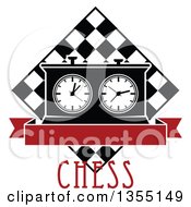 Poster, Art Print Of Black And White Chess Board And Game Clock With Blank Red Banner Over Text