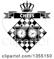 Poster, Art Print Of Black And White Chess Board And Game Clock With A Crown And Chess Banner