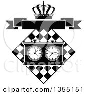 Poster, Art Print Of Black And White Chess Board And Game Clock With A Crown And Blank Banner