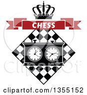 Poster, Art Print Of Black And White Chess Board And Game Clock With A Crown And Red Chess Banner