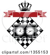 Poster, Art Print Of Black And White Chess Board And Game Clock With A Crown And Blank Red Banner