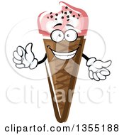 Clipart Of A Cartoon Pink Strawberry Waffle Ice Cream Cone Character Royalty Free Vector Illustration