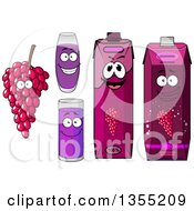 Poster, Art Print Of Happy Bunch Of Purple Grapes Character Juice Glasses And Cartons