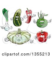 Clipart Of Cartoon Leek Squash Paprika Pepper Kohlrabi Red Bell Pepper And Pattypan Squash Characters Royalty Free Vector Illustration