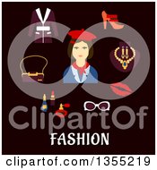 Flat Design Woman In Red Beret And Neckerchief With Accessories Over Text On Black