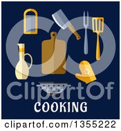 Flat Design Kitchen Tools Over Text On Blue