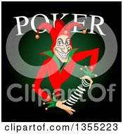Poster, Art Print Of Grinning Joker Shuffling Cards Under Poker Text Over Black And Green