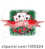 Casino Roulette Wheel With Poker Chips Playing Cards And A Banner