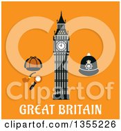 Flat Design Big Ben Clock Tower Sherlock Cap Pipe Magnifier And Custodian Police Helmet Over Text On Orange