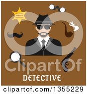 Poster, Art Print Of Flat Design Male Detective Avatar With Accessories Over Text On Brown