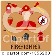 Poster, Art Print Of Flat Design Fireman Avatar And Accessories Over Tan And Text