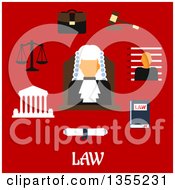 Poster, Art Print Of Flat Design Judge Wearing A Wig With A Law Book Gavel Prisoner Photo Court Building Scales Paper Scroll Briefcase And Text On Red