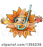 Poster, Art Print Of Cartoon Happy Sun Character Holding A Starfish Wearing Goggles And A Snorkel