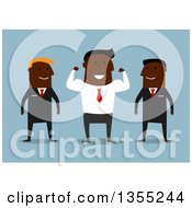 Poster, Art Print Of Flat Design Black Businessman Flexing His Muscles Between His Guards Over Blue