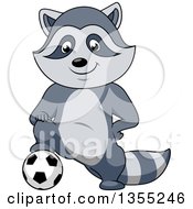 Poster, Art Print Of Cartoon Raccoon Resting A Foot On A Soccer Ball
