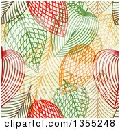 Seamless Background Pattern Of Sketched Skeleton Autumn Leaves On Green