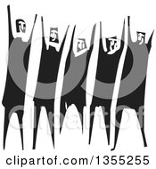 Black And White Woodcut Group Of People Throwing Up Their Arms Or Cheering